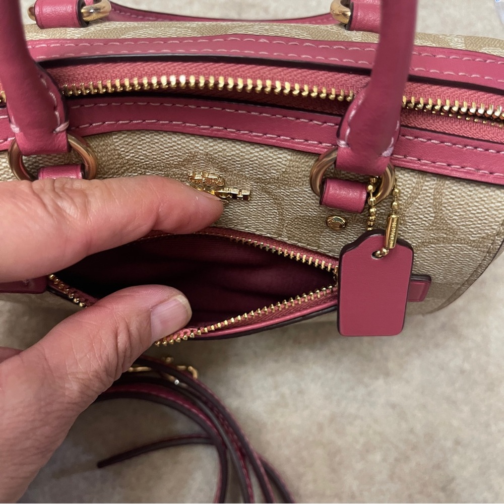Coach Mini Rowan Signature Tan Canvas Pink Rogue Leather Trim Crossbody Bag - Picture 13 of 17